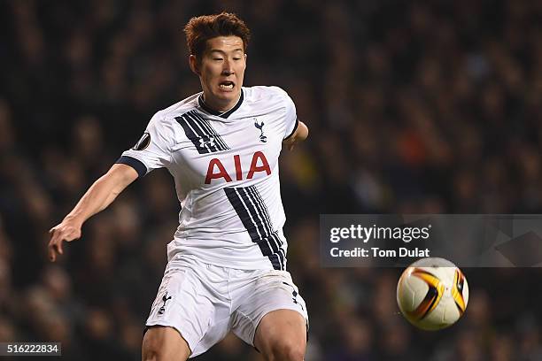 Heung-Min Son of Tottenham Hotspur in action during the UEFA Europa League Round of 16 Second Leg match between Tottenham Hotspur and Borussia...