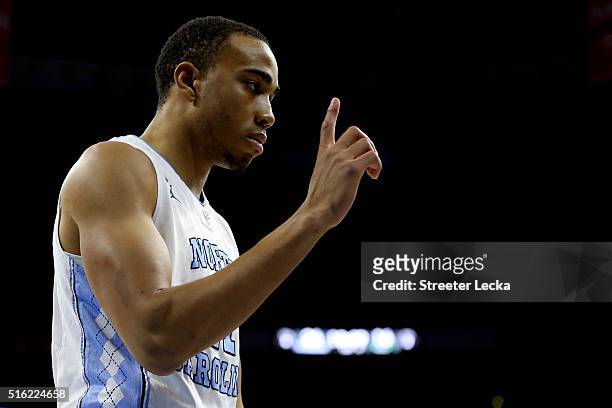 Brice Johnson of the North Carolina Tar Heels reacts in the first half against the Florida Gulf Coast Eagles during the first round of the 2016 NCAA...