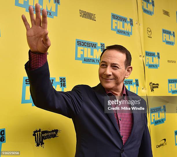 Actor Paul Reubens attends the premiere of "Pee-wee's Big Holiday" during the 2016 SXSW Music, Film + Interactive Festival at Paramount Theatre on...