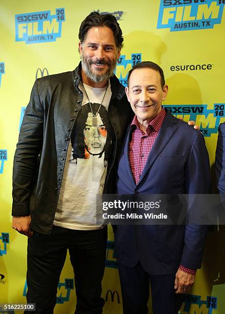 Actors Joe Manganiello and Paul Reubens attend the premiere of "Pee-wee's Big Holiday" during the 2016 SXSW Music, Film + Interactive Festival at...