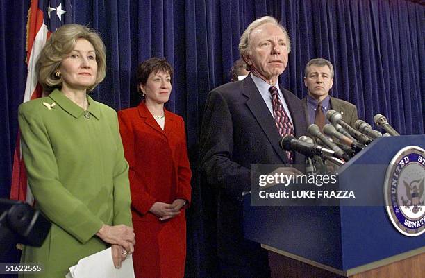 Senators Joe Lieberman , Chuck Hagle , R-NE, Susan Collins, R-ME, and Kay Bailey Hutchison, R-TX talk to reporters at the Capitol 05 January about...