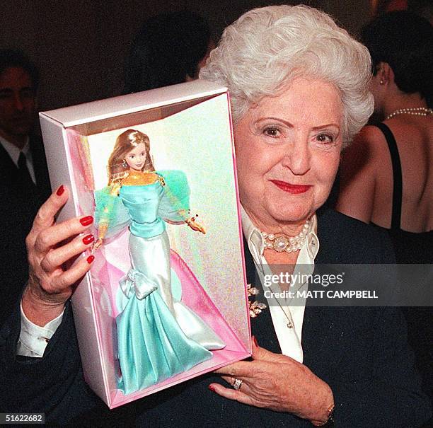 Ruth Handler, Mattel Inc. Co-founder and inventor of the Barbie Doll, displays the special 40th Anniversary Barbie at a press conference 07 February...