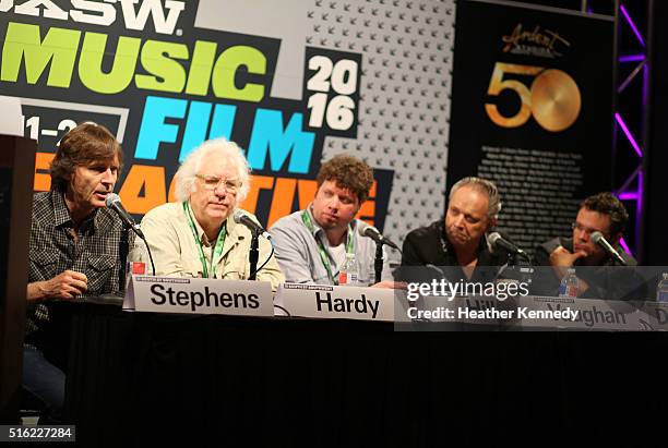 Musician Jody Stephens, Joe Hardy, Adam Hill of Ardent Studios and musicians Jimmie Vaughan and Luther Dickinson speak onstage at 'Making Music...