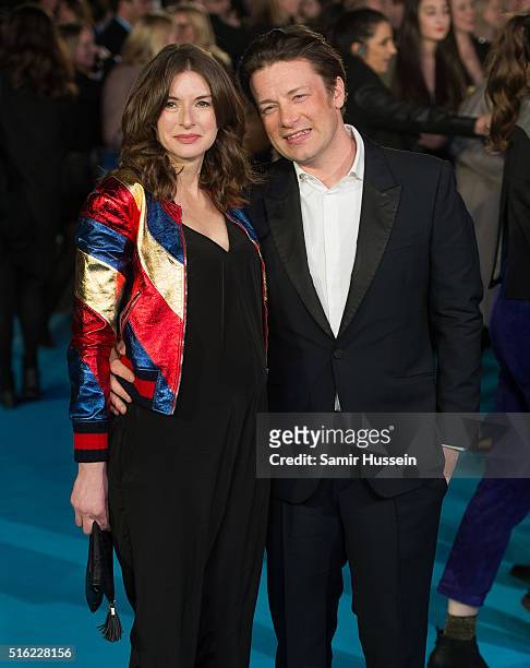 Jools Oliver and Jamie Olive arrrive for the European premiere of 'Eddie The Eagle' at Odeon Leicester Square on March 17, 2016 in London, England.
