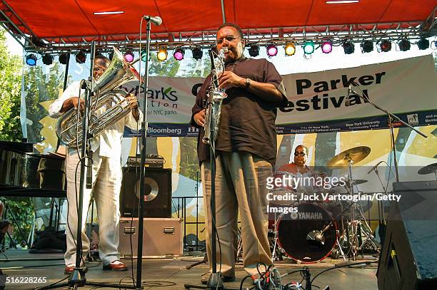 American Jazz musician Arthur Blythe plays alto saxophone as he leads his trio onstage at the 11th Annual Charlie Parker Jazz Festival in Tompkins...