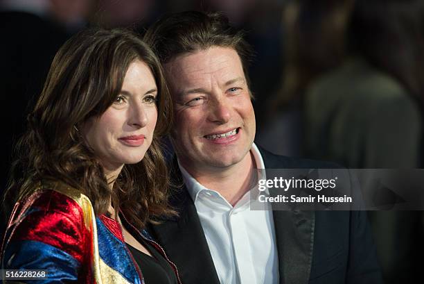 Jools Oliver and Jamie Olive arrrive for the European premiere of 'Eddie The Eagle' at Odeon Leicester Square on March 17, 2016 in London, England.