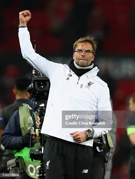 Jurgen Klopp, manager of Liverpool celebrates a 3-1 aggregate victory after the UEFA Europa League round of 16 second leg match between Manchester...