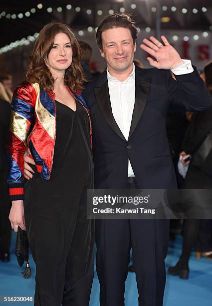 Jools Oliver and Jamie Oliver arrive for the European premiere of 'Eddie The Eagle' at Odeon Leicester Square on March 17, 2016 in London, England.