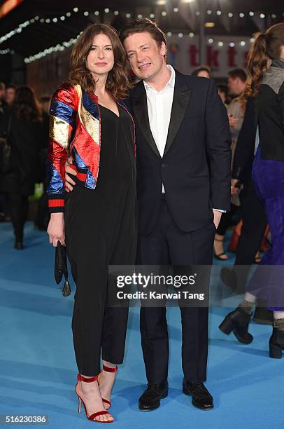 Jools Oliver and Jamie Oliver arrive for the European premiere of 'Eddie The Eagle' at Odeon Leicester Square on March 17, 2016 in London, England.