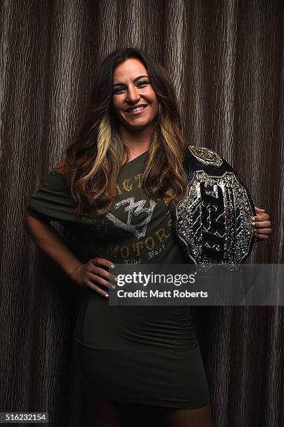 Women's bantamweight champion Miesha Tate poses during the Ultimate Media Day on March 18, 2016 in Brisbane, Australia.