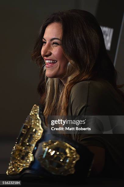 Women's bantamweight champion Miesha Tate speaks to media during the Ultimate Media Day on March 18, 2016 in Brisbane, Australia.