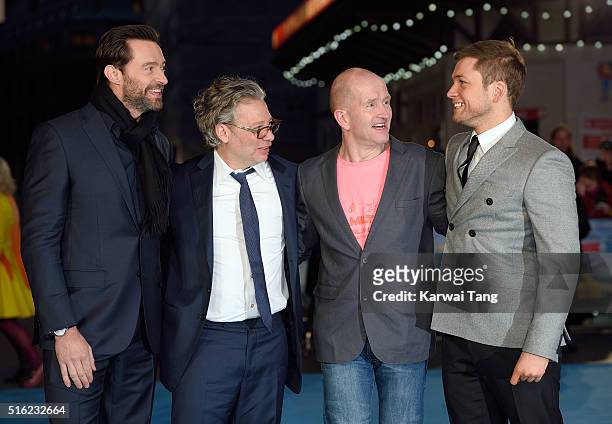 Hugh Jackman, Dexter Fletcher, Eddie 'The Eagle' Edwards and Taron Egerton arrive for the European premiere of 'Eddie The Eagle' at Odeon Leicester...