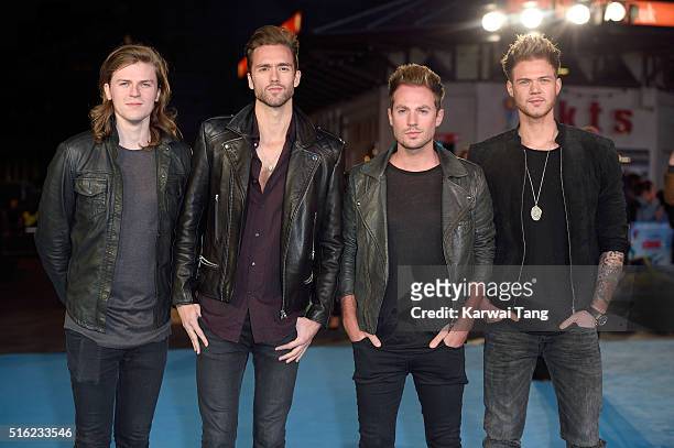 Joel Peat, Andy Brown, Adam Pitts and Ryan Fletcher of Lawson arrive for the European premiere of 'Eddie The Eagle' at Odeon Leicester Square on...