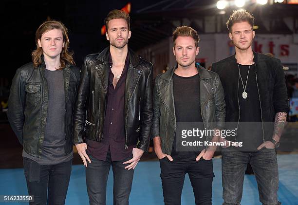 Joel Peat, Andy Brown, Adam Pitts and Ryan Fletcher of Lawson arrive for the European premiere of 'Eddie The Eagle' at Odeon Leicester Square on...
