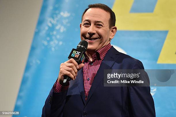 Actor Paul Reubens attends the premiere of "Pee-wee's Big Holiday" during the 2016 SXSW Music, Film + Interactive Festival at Paramount Theatre on...