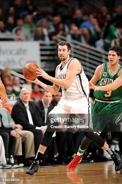 Sergey Karasev of the Brooklyn Nets handles the ball during the game against the Chicago Bulls on March 17, 2016 at the United Center in Chicago,...