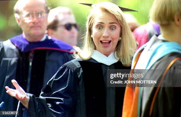 Hillary Clinton, a 1969 graduate of Wellesley College, greets friends in the faculty before joining the academic procession to the 1992 commencement...