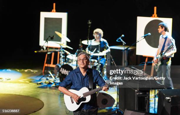 Brazilian composer & musician Caetano Veloso performs onstage with his band at a concert during the 2014 Next Wave Festival at the BAM Howard Gilman...