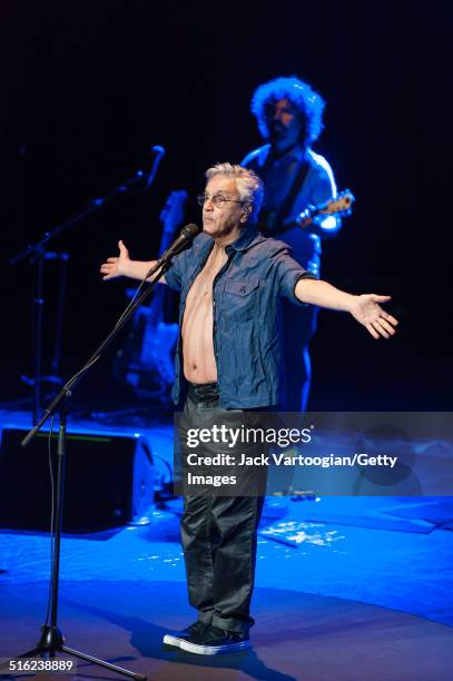 Brazilian composer & musician Caetano Veloso performs onstage with his band at a concert during the 2014 Next Wave Festival at the BAM Howard Gilman...