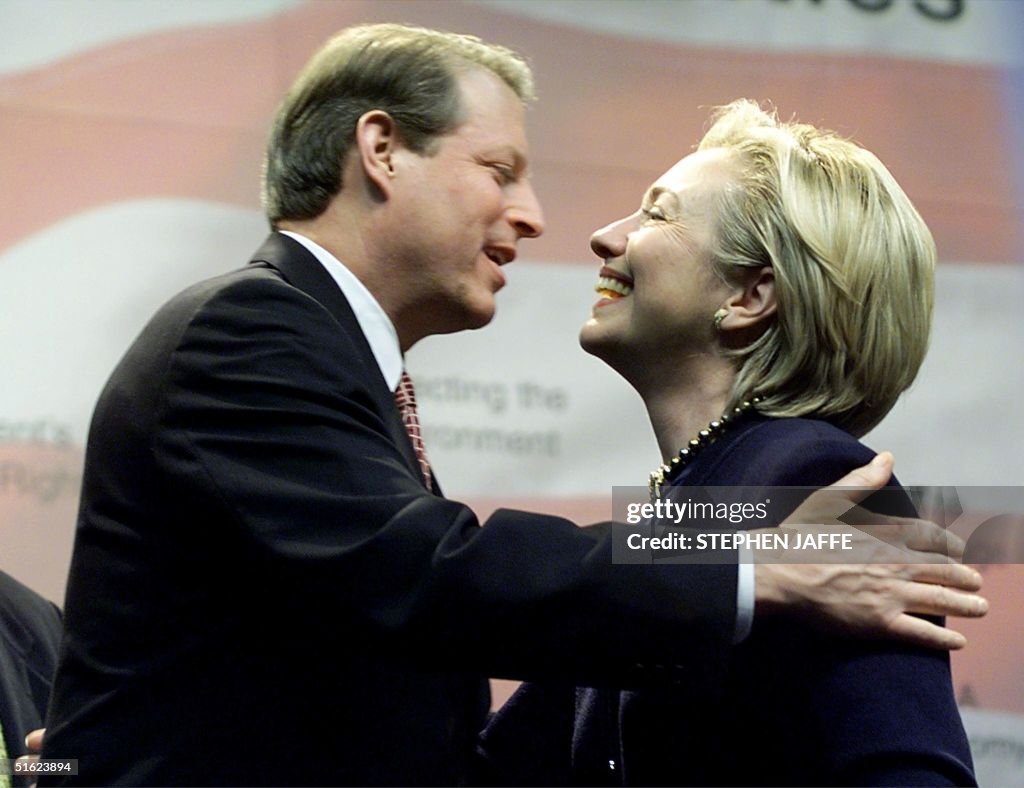 Hillary R. Clinton US First Lady Hillary Rodham Clinton embraces Vice President Al Gore ...