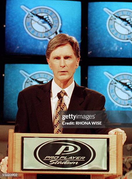 New Florida Marlins owner John W. Henry addresses member of the media and Marlin Employees about his purchase of the Florida Marlins at a press...