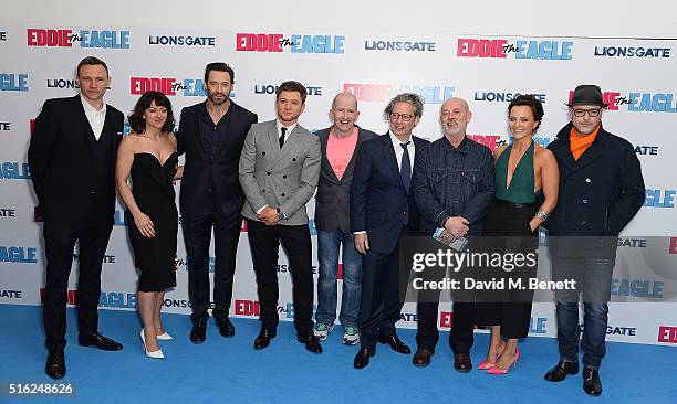 Zygi Kamasa, Jo Hartley, Hugh Jackman, Taron Egerton, Eddie Edwards, Dexter Fletcher, Keith Allen, Ania Sowinski and Matthew Vaughn attend the...