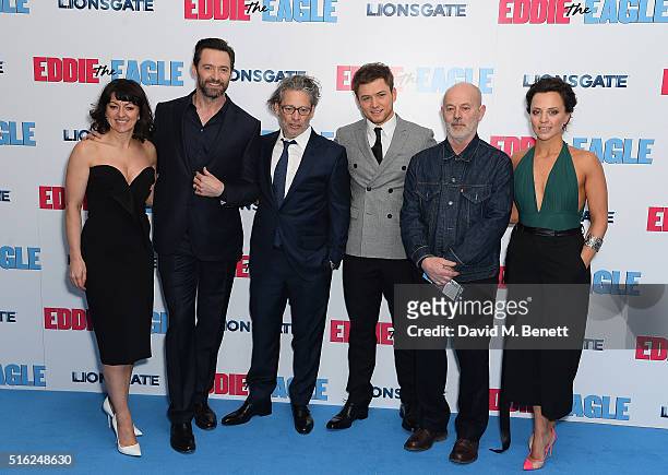 Jo Hartley, Hugh Jackman, Dexter Fletcher, Taron Egerton, Keith Allen and Ania Sowinski attend the European Premiere of "Eddie The Eagle" at Odeon...