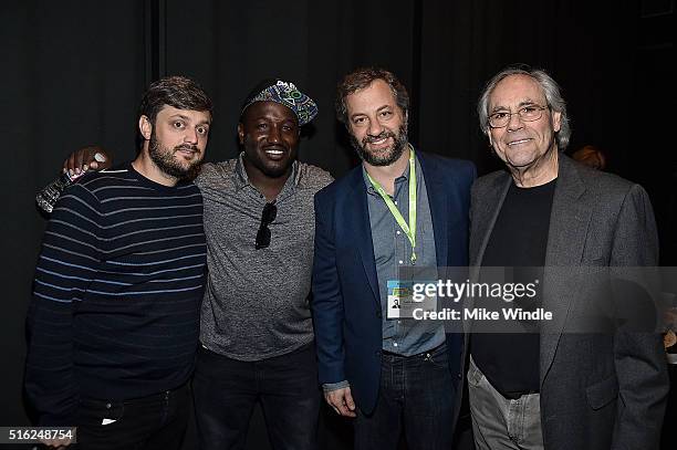 Comedians Nate Bargatze, Hannibal Buress, Judd Apatow and Robert Klein pose backstage during "Judd Apatow and Friends" at the 2016 SXSW Music, Film +...