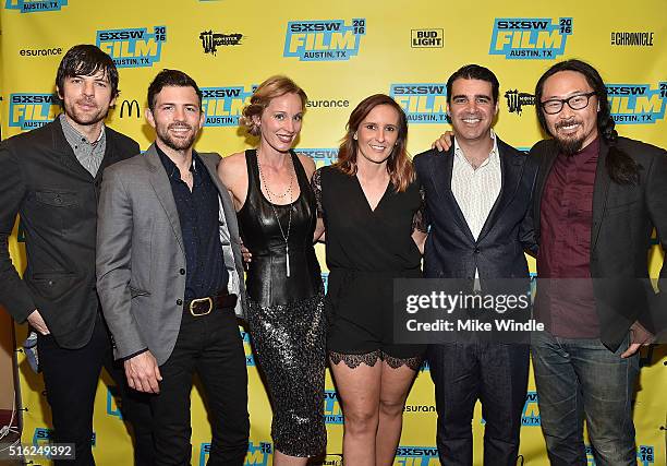 Producers Susan Thomson and Hillary Pierce pose with The Avett Brothers during the screening of "A Song For You: The Austin City Limits Story" during...