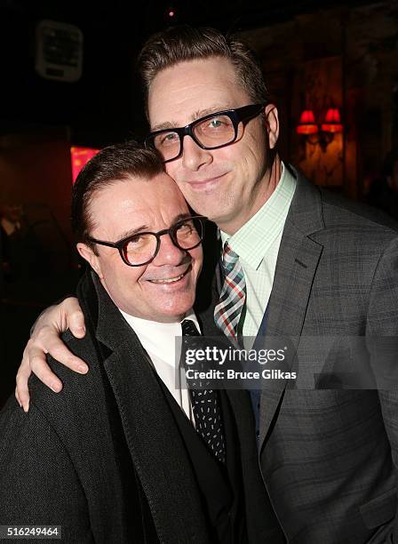 Nathan lane and husband Devlin Elliott pose at The Opening Night Arrivals for "She Loves Me" on Broadway at Studio 54 on March 17, 2016 in New York...
