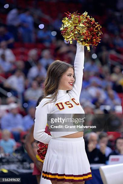 Trojans cheerleader performs in the game against the Providence Friars during the first round of the 2016 NCAA Men's Basketball Tournament at PNC...