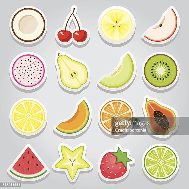 fruit sticker icon set - kiwi fruit stock illustrations