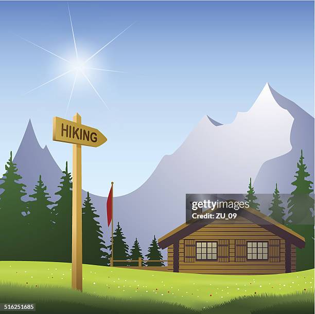 hiking, mountain landscape on a beautiful day in the summertime - log cabin illustration stock illustrations