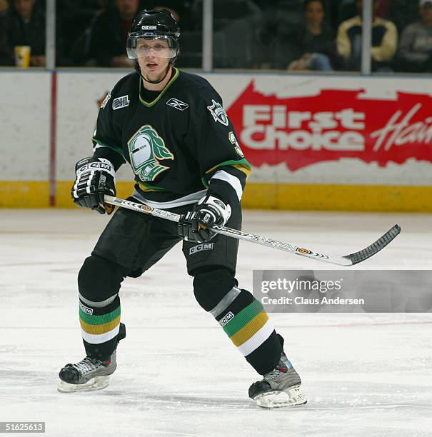 Marc Methot of the London Knights skates back on defense during a game against the Sault Ste. Marie Greyhounds at the John Labatt Center on October...