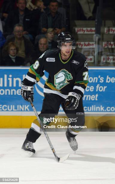 Dylan Hunter of the London Knights skates during a game against the Sault Ste. Marie Greyhounds at the John Labatt Center on October 16, 2004 in...