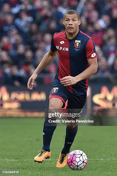 Sebastien De Maio of Genoa CFC in action during the Serie A match between Genoa CFC and Torino FC at Stadio Luigi Ferraris on March 13, 2016 in...