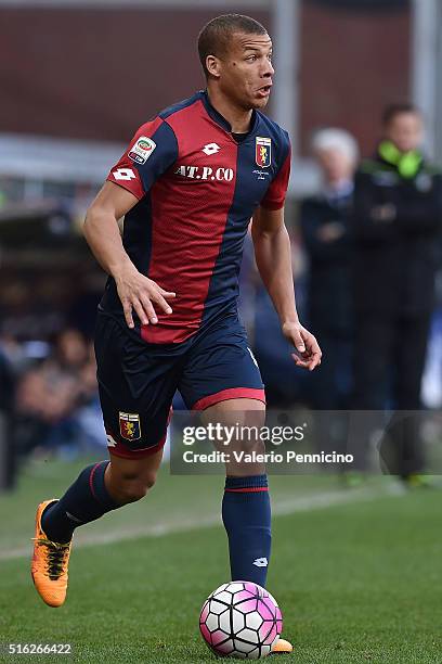 Sebastien De Maio of Genoa CFC in action during the Serie A match between Genoa CFC and Torino FC at Stadio Luigi Ferraris on March 13, 2016 in...