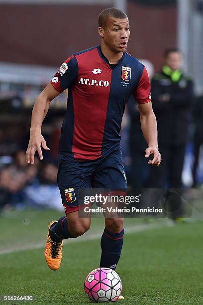 Sebastien De Maio of Genoa CFC in action during the Serie A match between Genoa CFC and Torino FC at Stadio Luigi Ferraris on March 13, 2016 in...