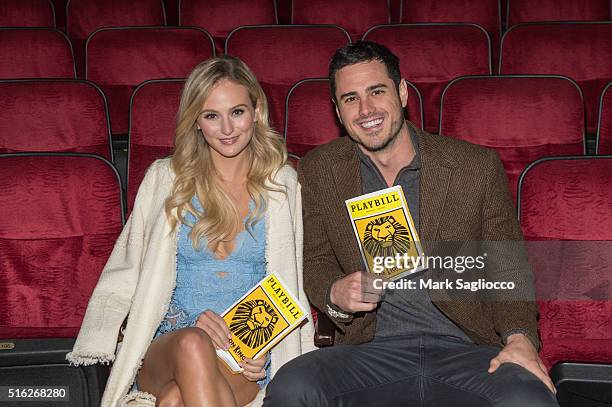 Bachelor" Ben Higgins and fiancee Lauren Bushnell visit "The Lion King" on Broadway at Minskoff Theatre on March 17, 2016 in New York City.