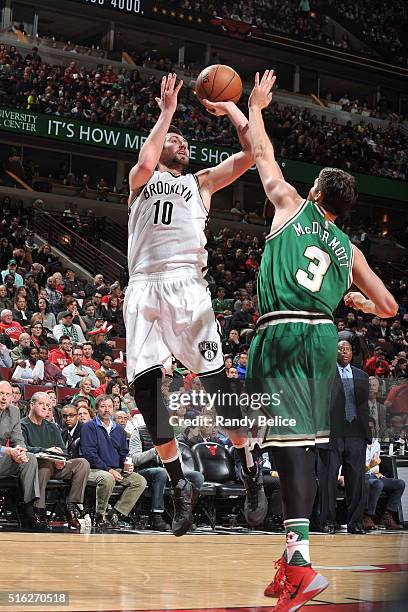 Sergey Karasev of the Brooklyn Nets shoots the ball during the game against the Chicago Bulls on March 17, 2016 at the United Center in Chicago,...