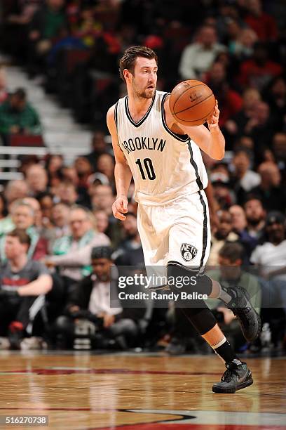 Sergey Karasev of the Brooklyn Nets handles the ball during the game against the Chicago Bulls on March 17, 2016 at the United Center in Chicago,...