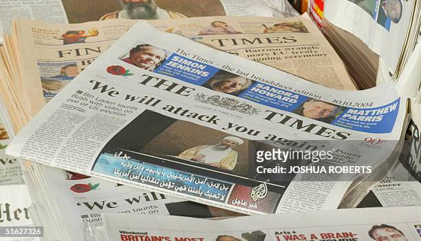 The final broadsheet edition of the The Times is displayed at a news stand 30 October, 2004 in London. The Times, a 217-year-old newspaper, is...