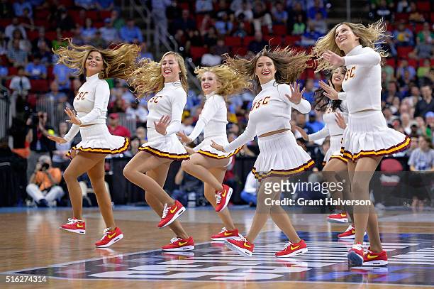 Trojans cheerleaders perform in the game against the Providence Friars during the first round of the 2016 NCAA Men's Basketball Tournament at PNC...