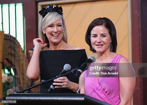 Melissa Doyle interviews Michelle Payne during the Crown Resorts Ladies Lunch at Inglis Stables at Inglis Newmarket Stables on March 18, 2016 in...