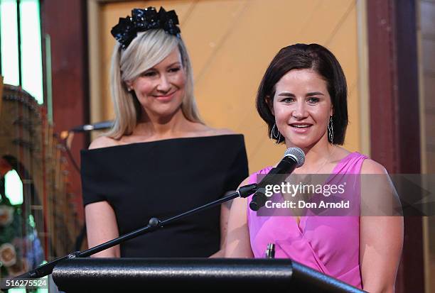 Melissa Doyle interviews Michelle Payne during the Crown Resorts Ladies Lunch at Inglis Stables at Inglis Newmarket Stables on March 18, 2016 in...