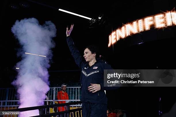 Jennifer Suhr of the United States enters the arena for the Women's Pole Vault Final during day one of the IAAF World Indoor Championships at Oregon...