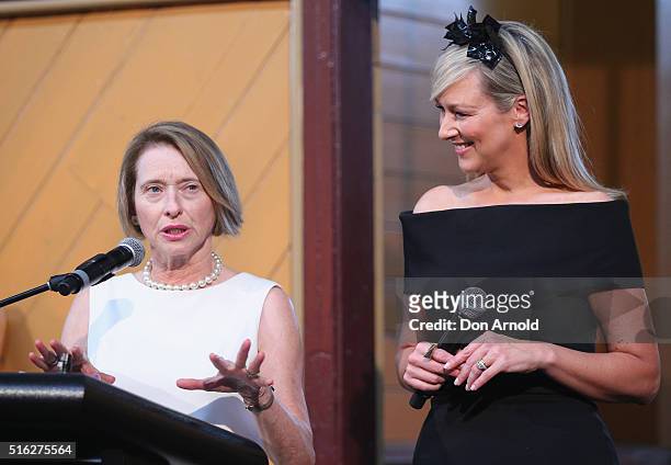 Melissa Doyle interviews Gai Waterhouse during the Crown Resorts Ladies Lunch at Inglis Stables at Inglis Newmarket Stables on March 18, 2016 in...
