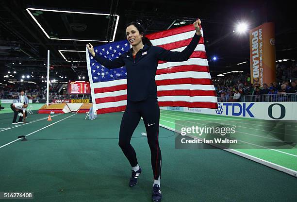Gold medallist Jennifer Suhr of the United States celebrates after the Women's Pole Vault Final during day one of the IAAF World Indoor Championships...