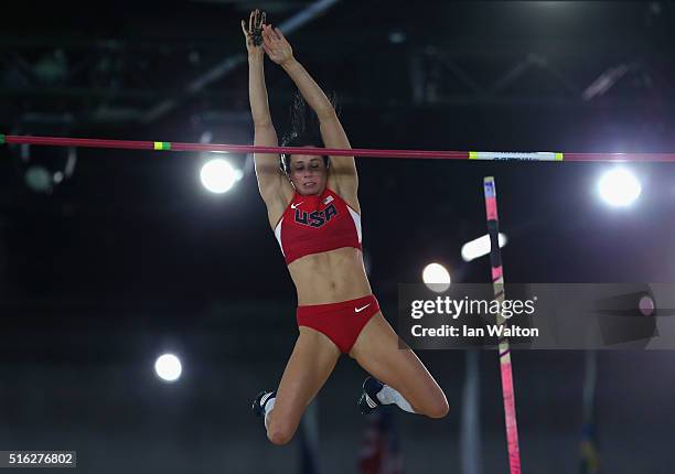 Jennifer Suhr of the United States competes in the Women's Pole Vault Final during day one of the IAAF World Indoor Championships at Oregon...