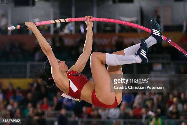 Jennifer Suhr of the United States competes in the Women's Pole Vault Final during day one of the IAAF World Indoor Championships at Oregon...